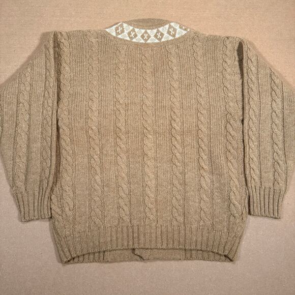 Vintage Pringle of Scotland Wool Cardigan Cable Knit Fair Isle Brown L 80s NWT - Picture 4 of 8